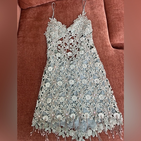 Claudia Dresses & Skirts - Light Blue Floral Lace Spaghetti Straps Slip Dress with Crystal Beaded Fringe.
